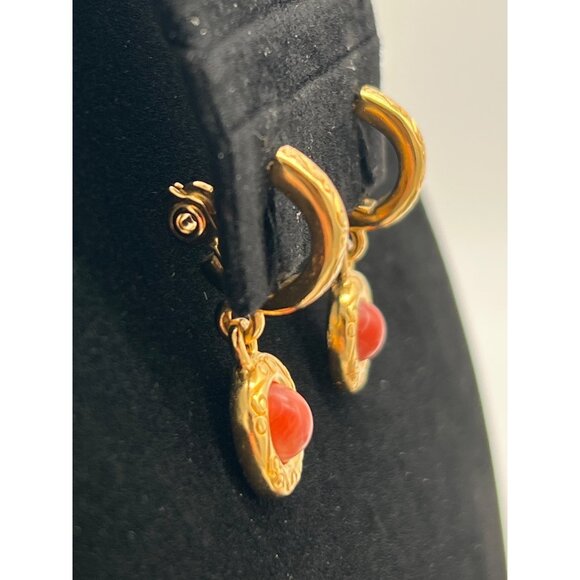 Gold-Tone Monet Hoop Earrings With Red Cabochon Dangles Vintage Style - Picture 3 of 7